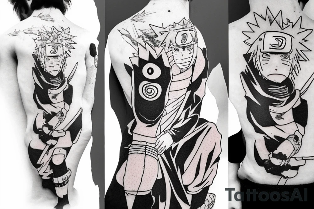 A picture of Naruto Usomaki standing on a mountain with Sasuke Oshia in his arms tattoo idea