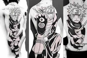 A picture of Naruto Usomaki standing on a mountain with Sasuke Oshia in his arms tattoo idea