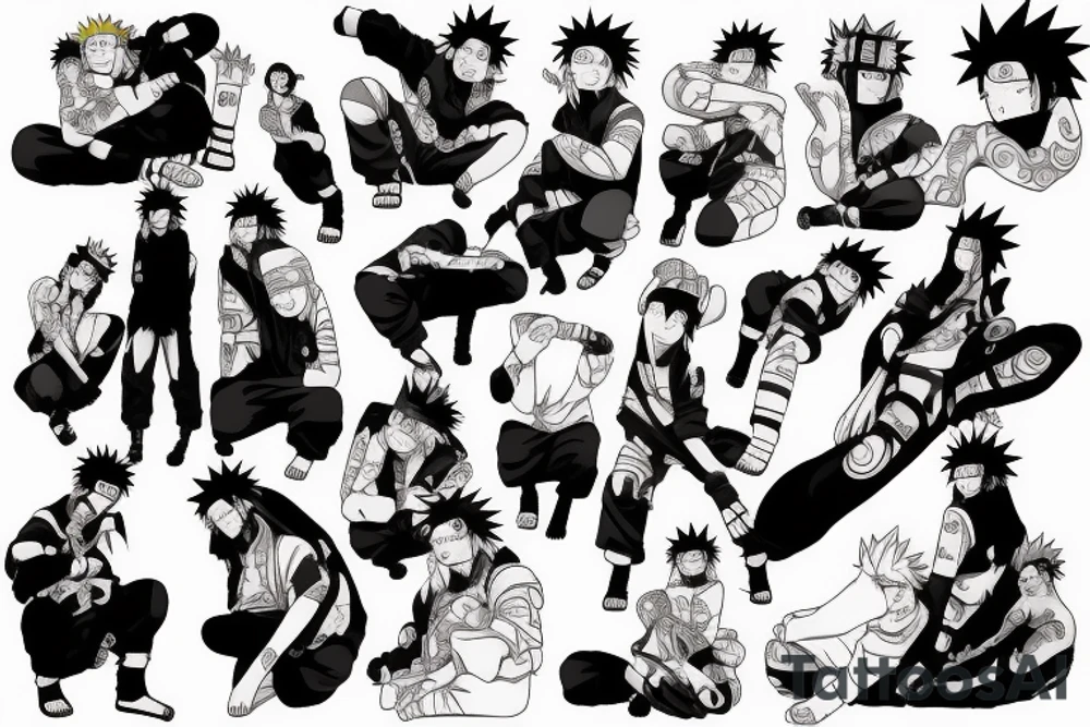 A picture of Naruto Usomaki standing on a mountain with Sasuke Oshia tattoo idea