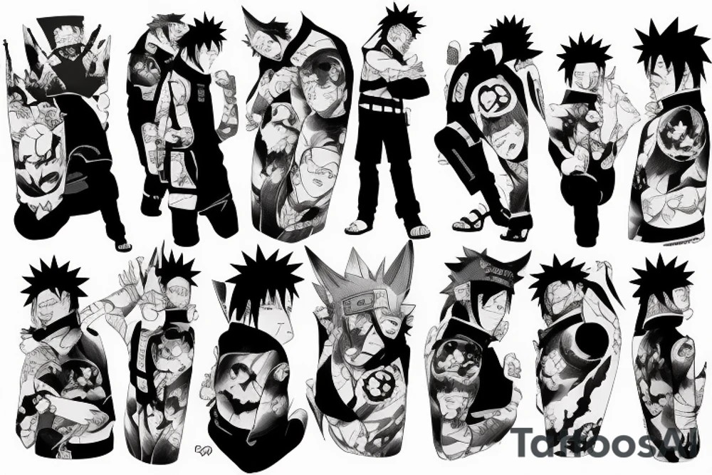 A picture of Naruto Usomaki standing on a mountain with Sasuke Oshia tattoo idea