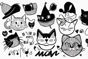 Black cat with funny hat and a sweater tattoo idea