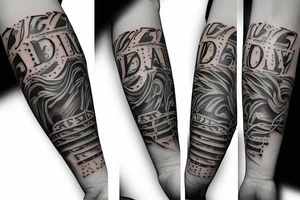 A dog paw with Letters "Emily" underneath on right arm tattoo idea