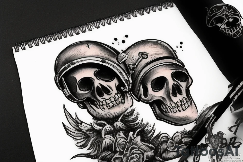 skeleton head wearing a war helmet, below this there is a writing saying "this means war" tattoo idea