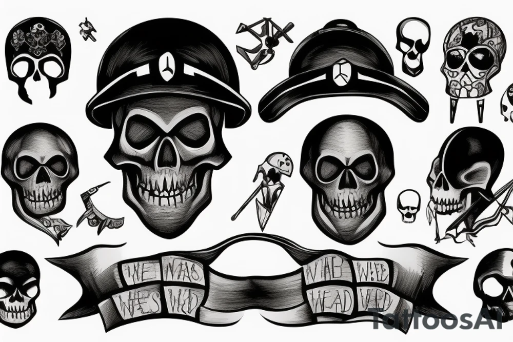 skeleton head wearing a war helmet, below this there is a writing saying "this means war" tattoo idea