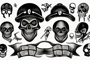 skeleton head wearing a war helmet, below this there is a writing saying "this means war" tattoo idea