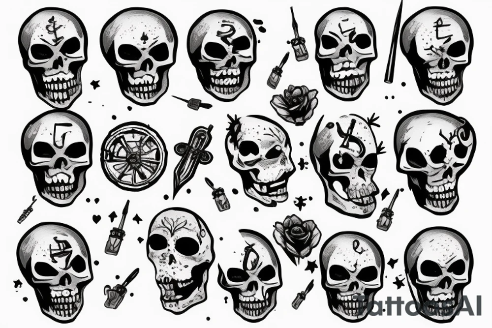 skeleton with a bullet on his head saying this is fine tattoo idea