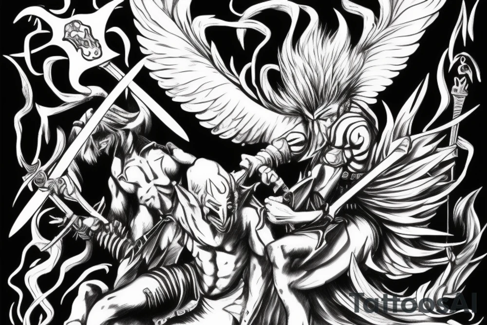 Arcangel fighting a demon with swords tattoo idea
