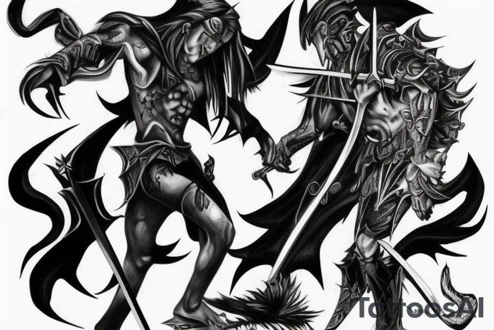 Arcangel fighting a demon with swords tattoo idea