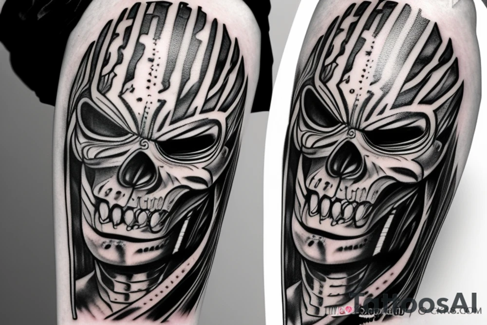 Iron Maiden "Eddie" tattoo style, full arm, sketch style, black and white tattoo idea