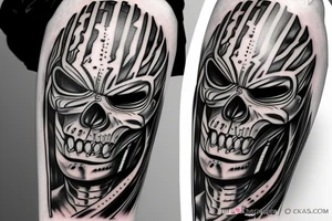 Iron Maiden "Eddie" tattoo style, full arm, sketch style, black and white tattoo idea