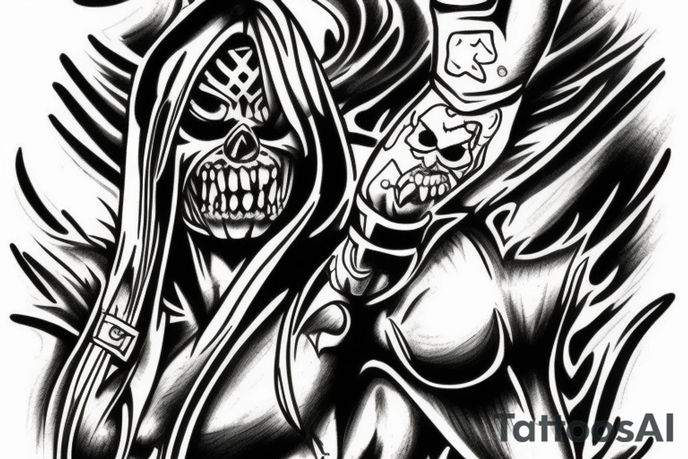 Iron Maiden "Eddie" tattoo style, full arm, sketch style, black and white tattoo idea