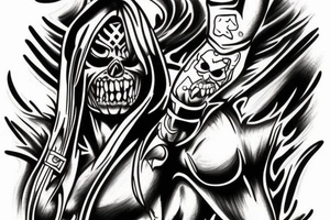 Iron Maiden "Eddie" tattoo style, full arm, sketch style, black and white tattoo idea