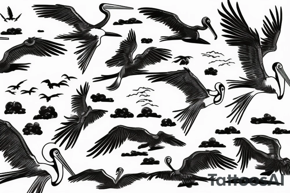 Pelicans flying over the ocean. Mangrove trees and swamp in background tattoo idea