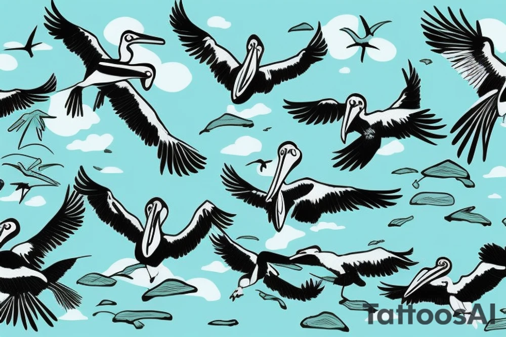 Pelicans flying over the ocean. Mangrove trees and swamp in background tattoo idea