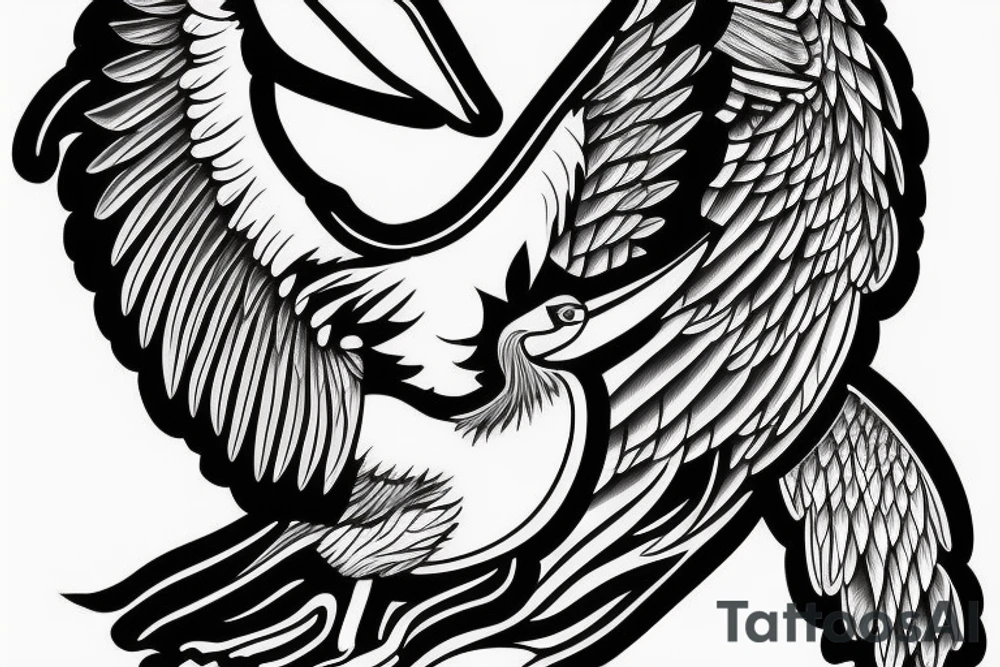 Pelican in flight. Hyper realistic tattoo idea
