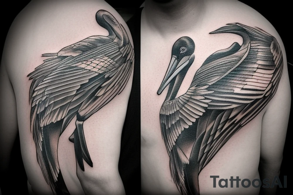 Pelican in flight. Hyper realistic tattoo idea