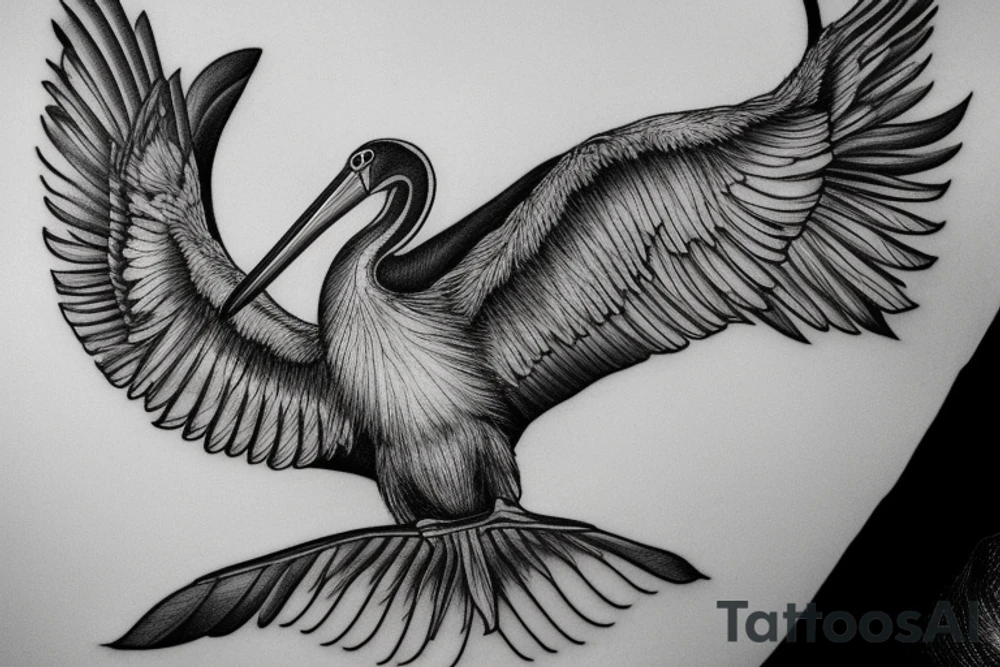 Pelican in flight. Hyper realistic tattoo idea