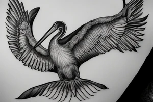 Pelican in flight. Hyper realistic tattoo idea