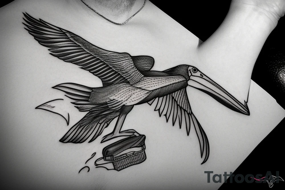 Pelican in flight. Hyper realistic tattoo idea