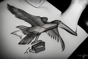 Pelican in flight. Hyper realistic tattoo idea