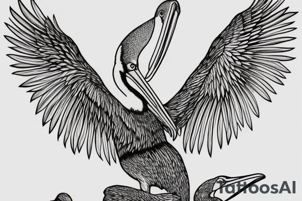 Pelican in flight. Hyper realistic tattoo idea