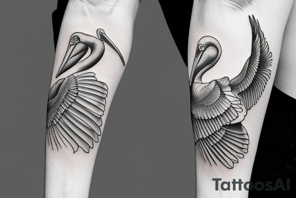 Pelican in flight. Hyper realistic tattoo idea