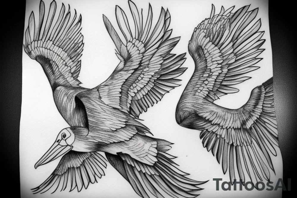 Pelican in flight. Hyper realistic tattoo idea