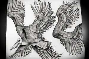Pelican in flight. Hyper realistic tattoo idea