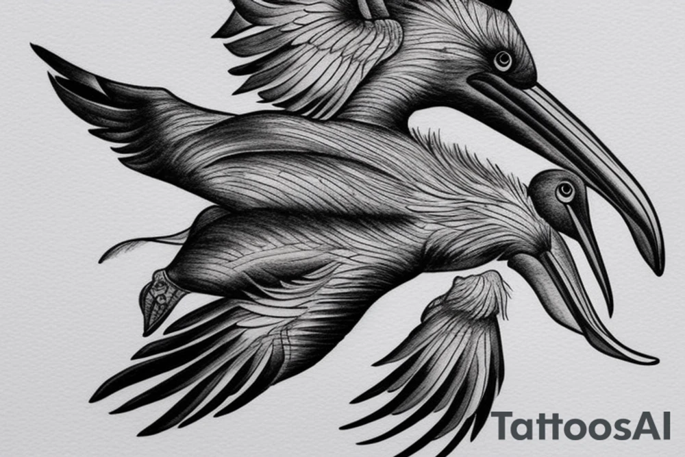 Pelican in flight. Hyper realistic tattoo idea