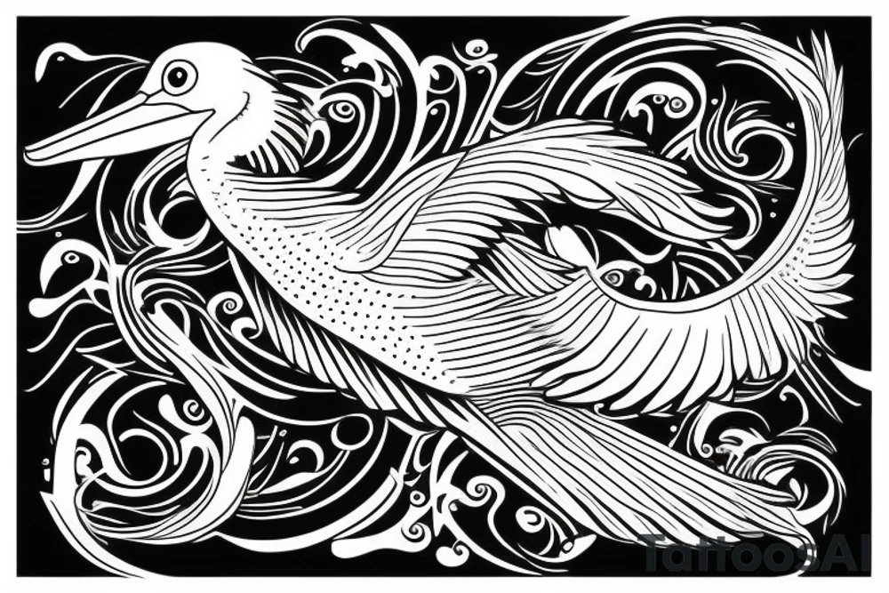 Pelican in flight. Hyper realistic tattoo idea