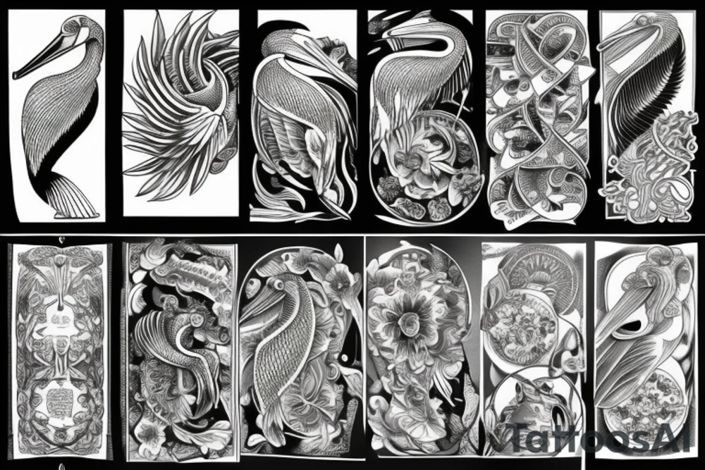 Detailed, pelican, symmetrical, dynamic tattoo idea