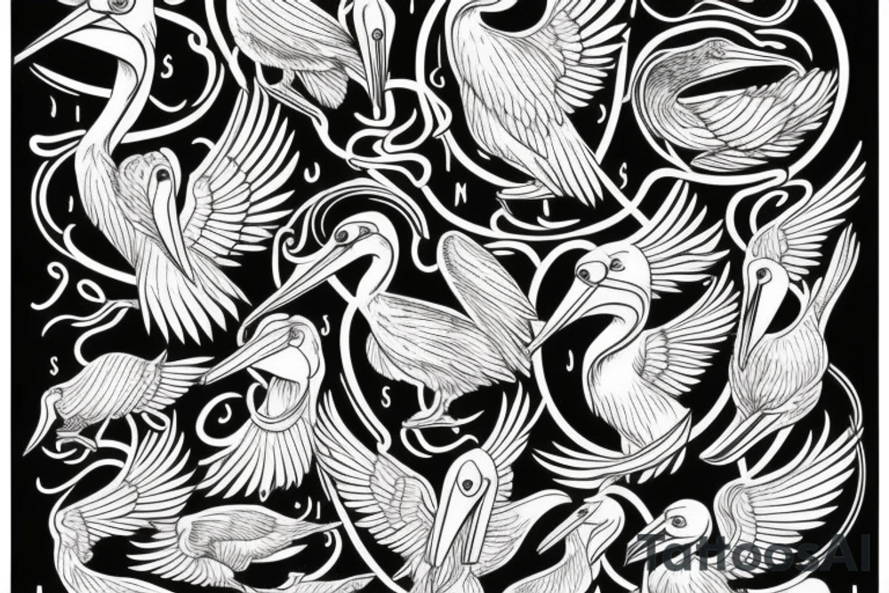 Detailed, pelican, symmetrical, dynamic tattoo idea
