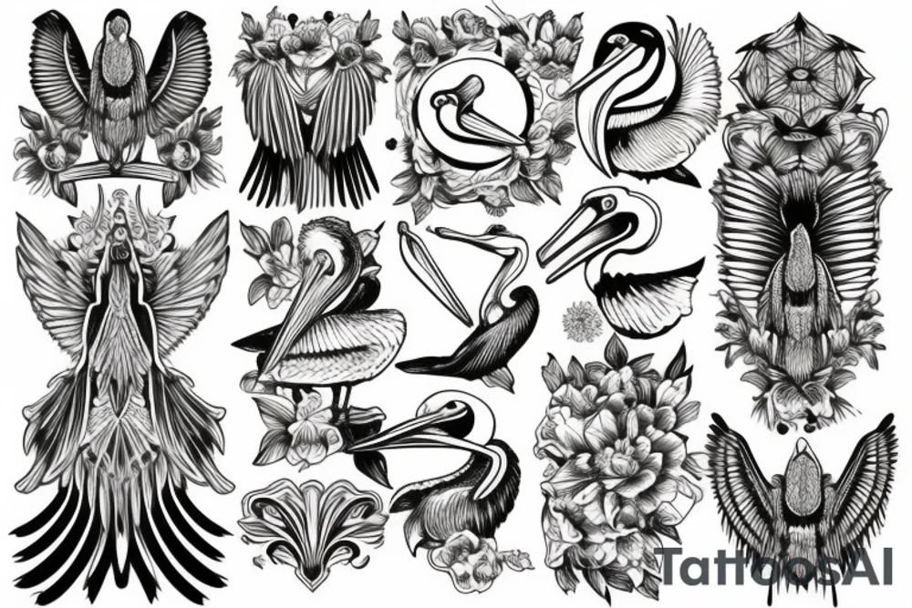 Detailed, pelican, symmetrical, dynamic tattoo idea