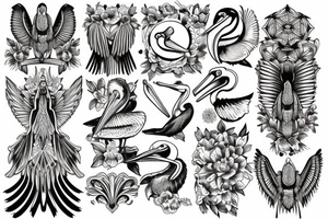 Detailed, pelican, symmetrical, dynamic tattoo idea