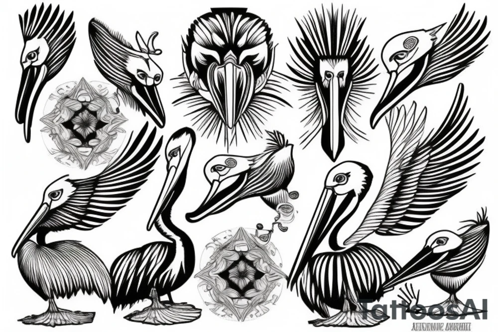 Detailed, pelican, symmetrical, dynamic tattoo idea