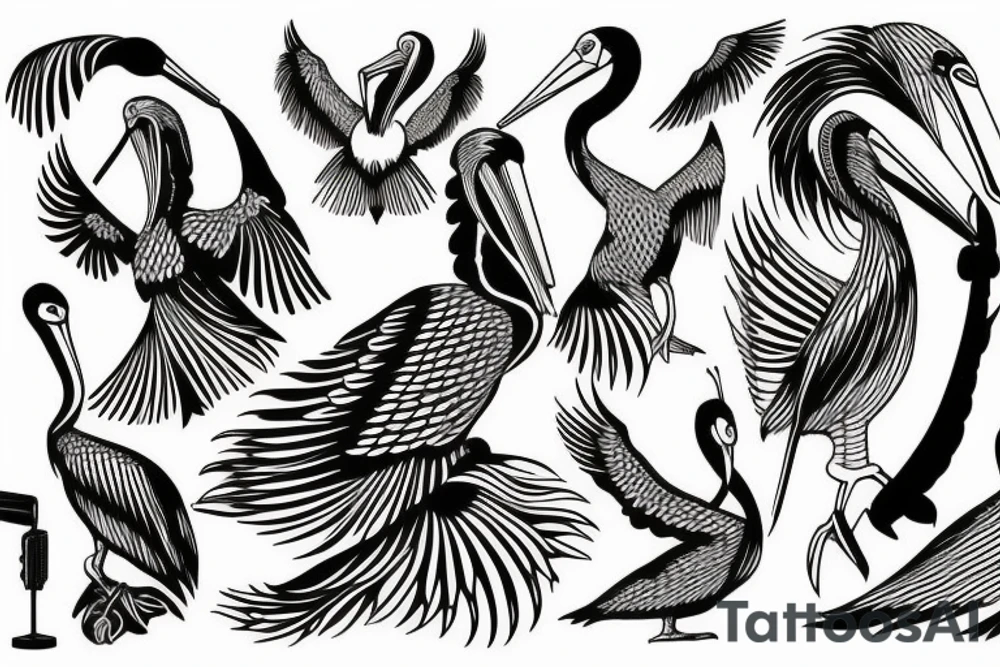 Detailed, pelican, symmetrical, dynamic tattoo idea