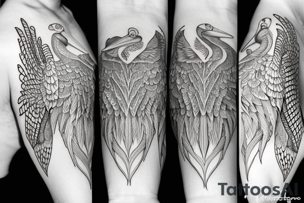 Detailed, pelican, symmetrical, dynamic tattoo idea
