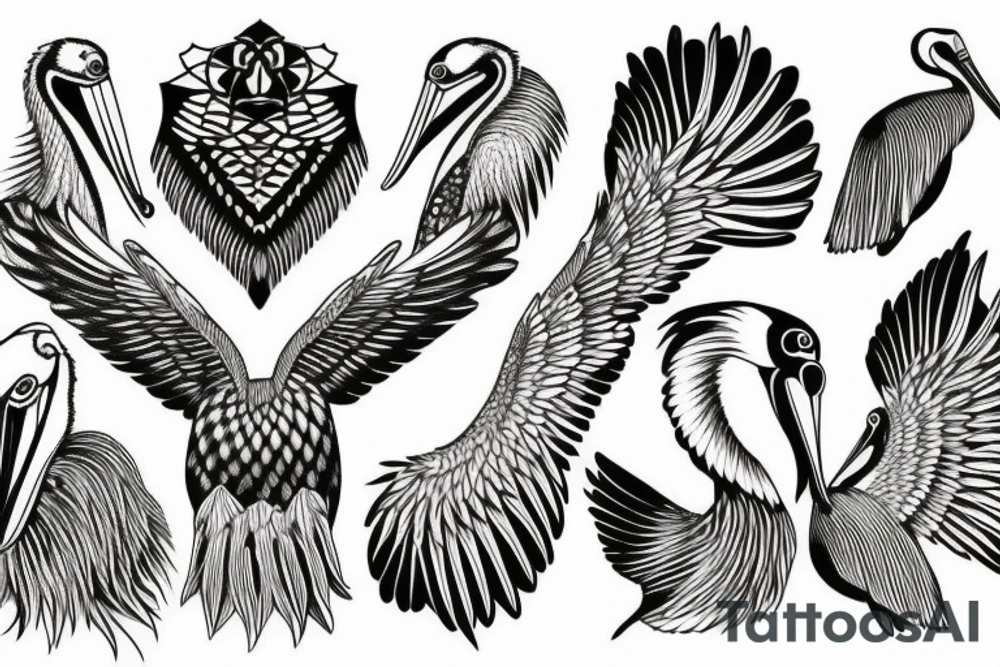 Detailed, pelican, symmetrical, dynamic tattoo idea
