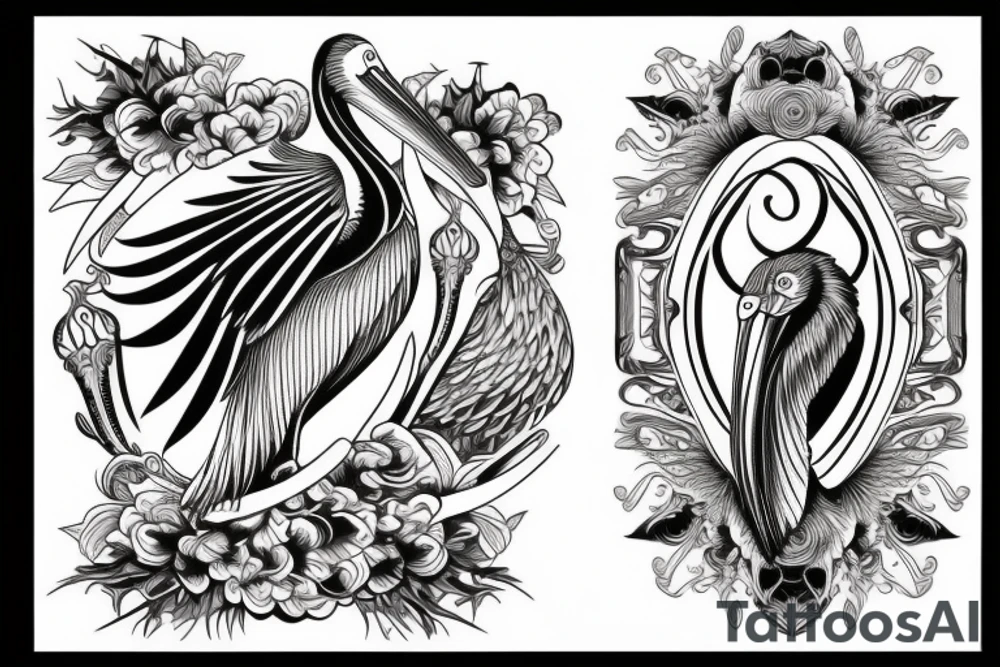 Detailed, pelican, symmetrical, dynamic tattoo idea