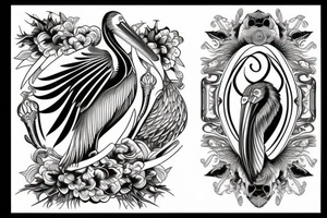 Detailed, pelican, symmetrical, dynamic tattoo idea