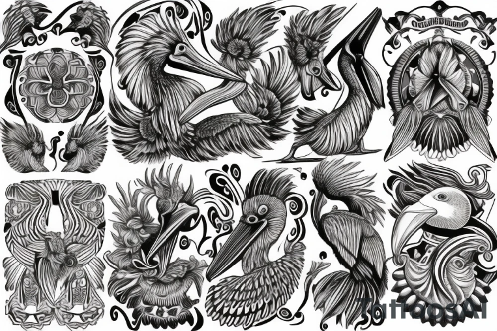Detailed, pelican, symmetrical, dynamic tattoo idea