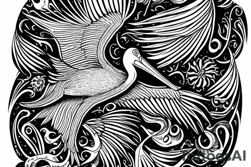 Detailed, pelican , dynamic tattoo idea