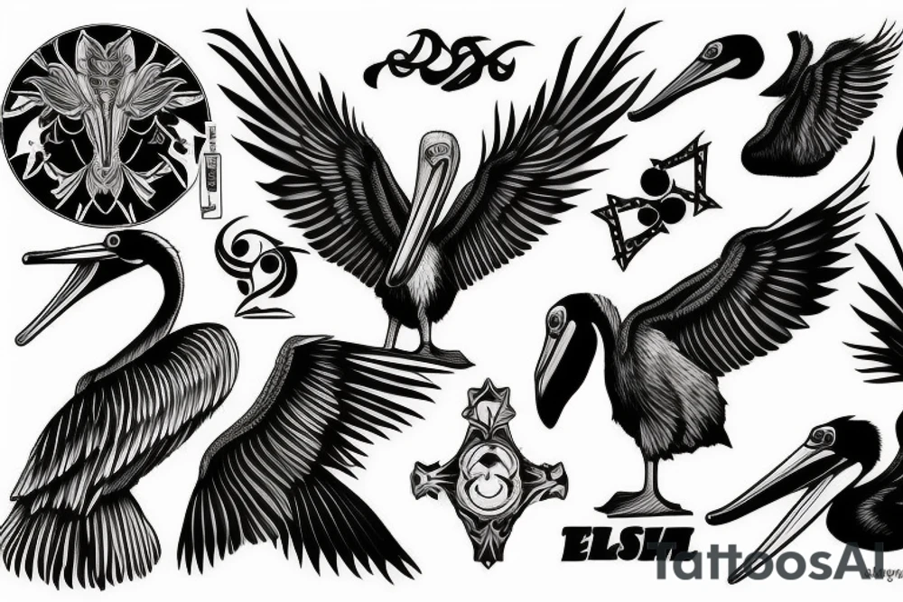 Detailed, pelican , dynamic, anime tattoo idea