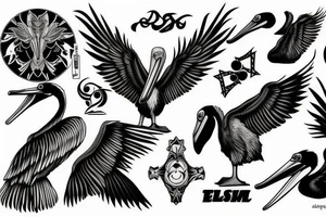 Detailed, pelican , dynamic, anime tattoo idea