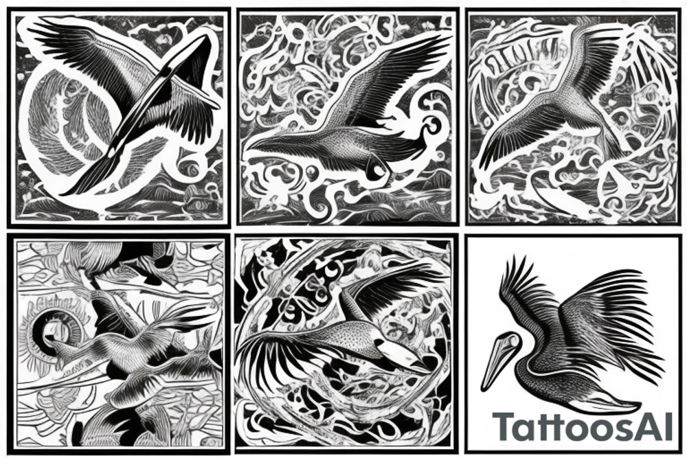 Pelican flying over water tattoo idea