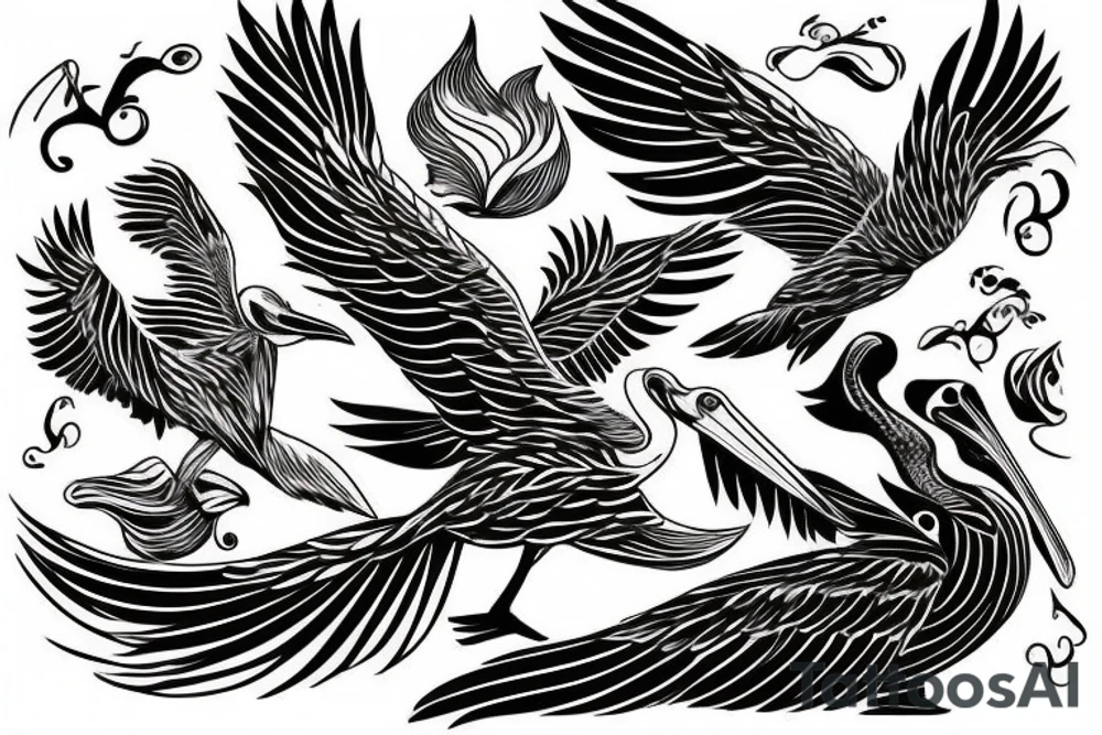 Pelican flying over water tattoo idea