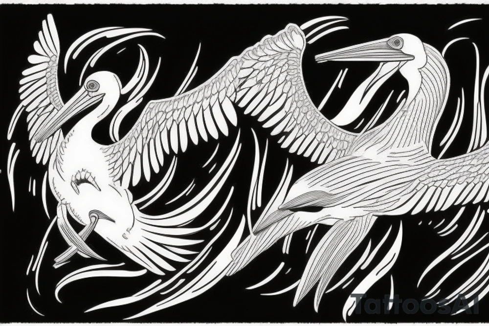 Pelican flying over water tattoo idea