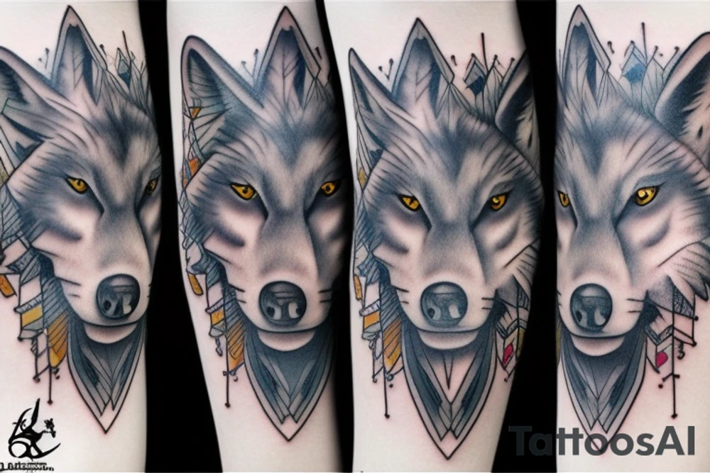 Wolf with blue eye leg sleeve tattoo idea