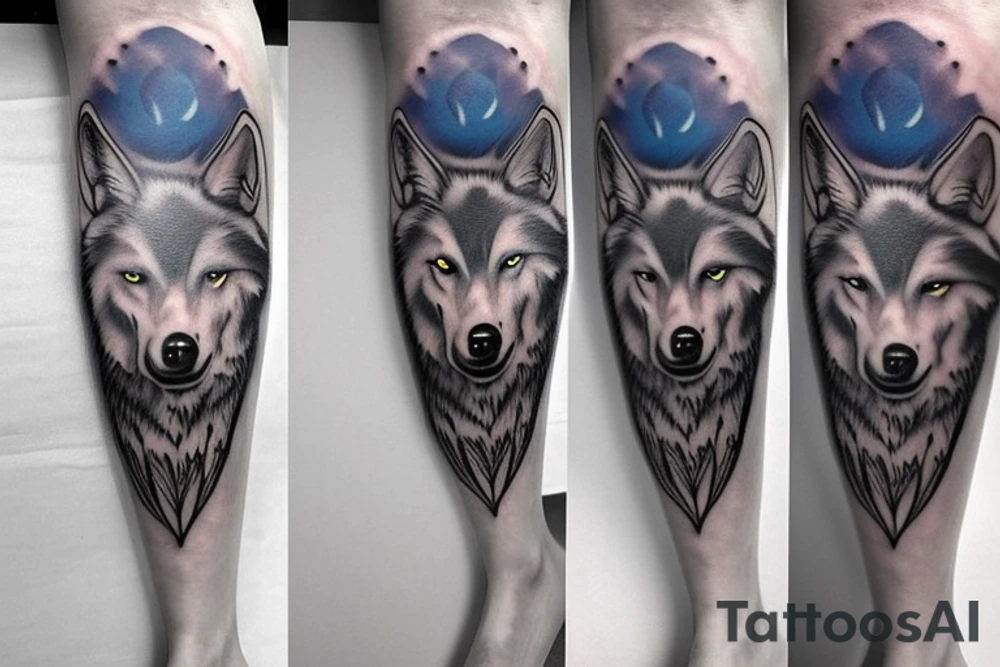 Wolf with blue eye leg sleeve tattoo idea