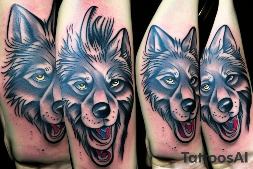 Wolf with blue eye and world being grabbed by hand tattoo idea
